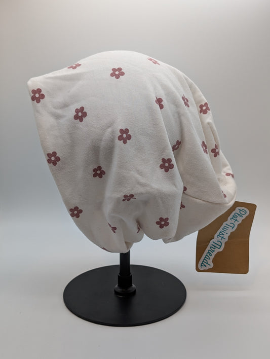 Beanie - Slouchy Beanie - White with Pink Flowers