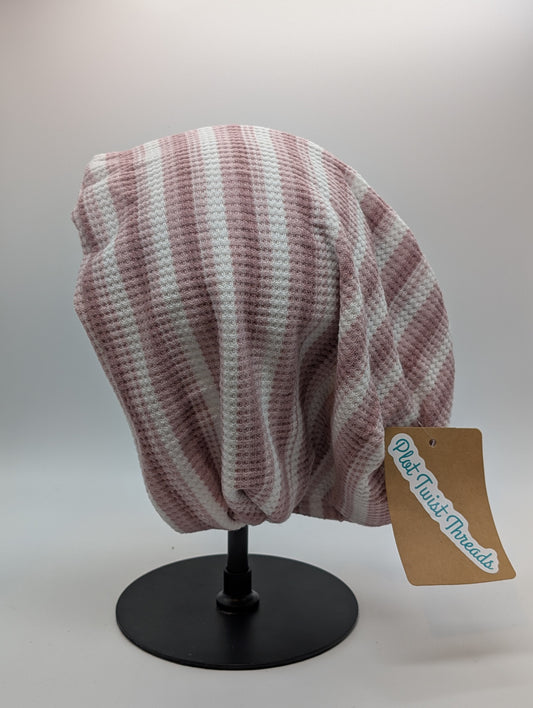 Beanie - Slouchy Beanie - Waffle Knit - Pink/White Stripe