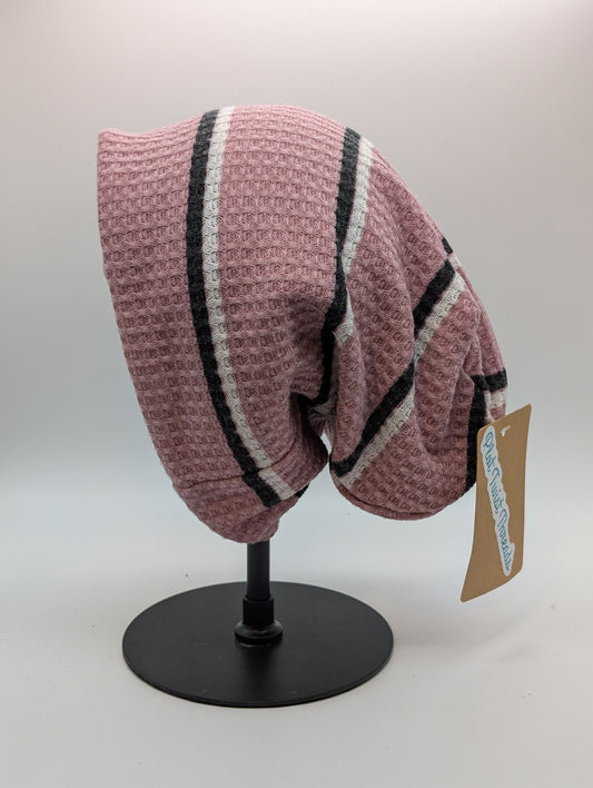 Beanie - Slouchy Beanie - Waffle Knit - Pink/Black Stripe