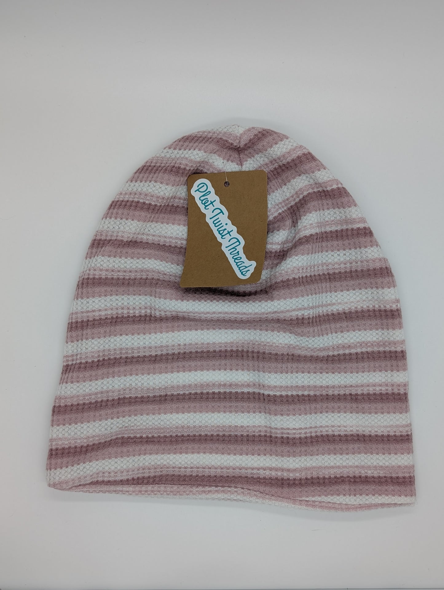 Beanie - Slouchy Beanie - Waffle Knit - Pink/White Stripe