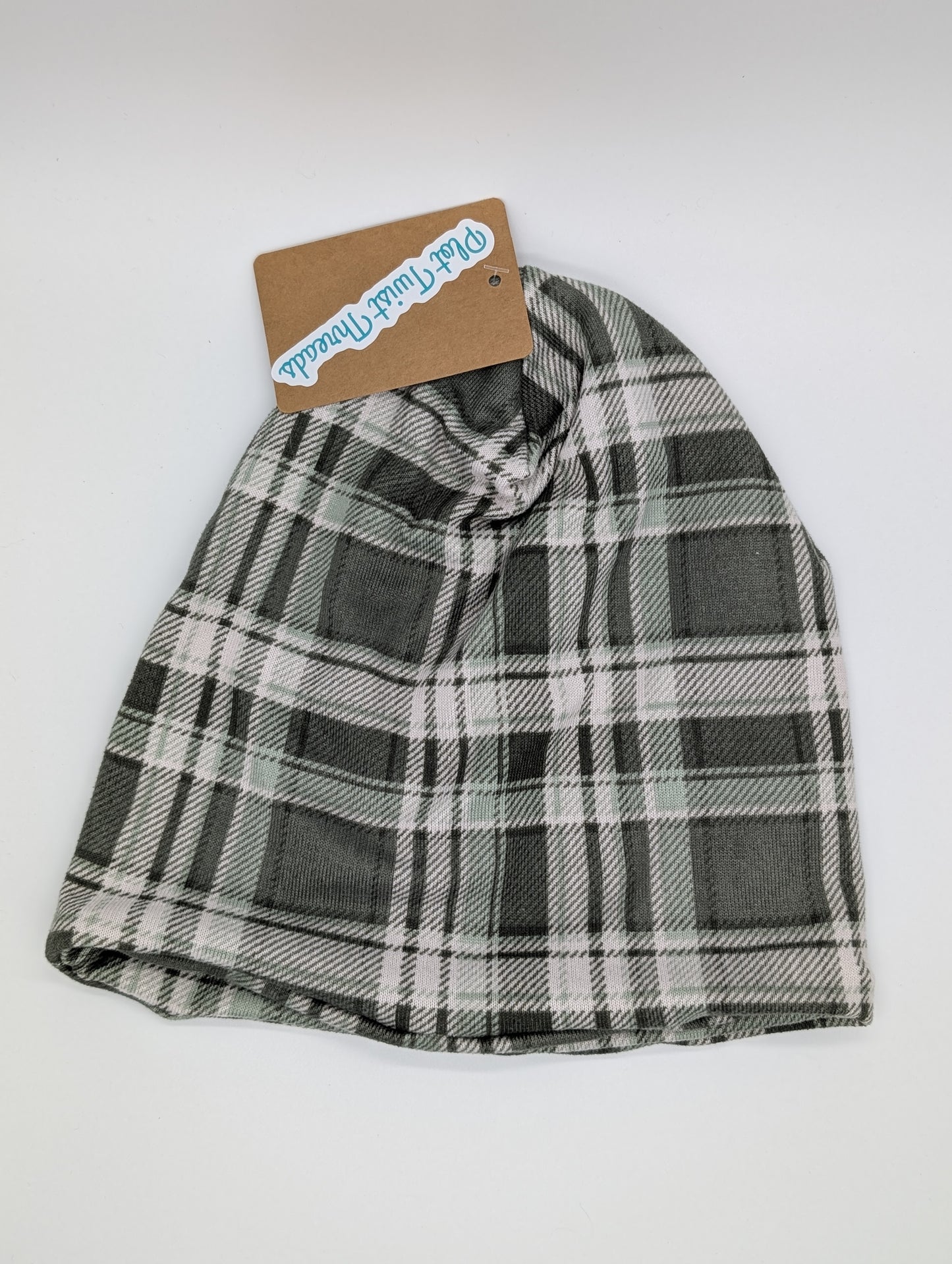Beanie - Slouchy Beanie - Sweater Knit - Green Plaid