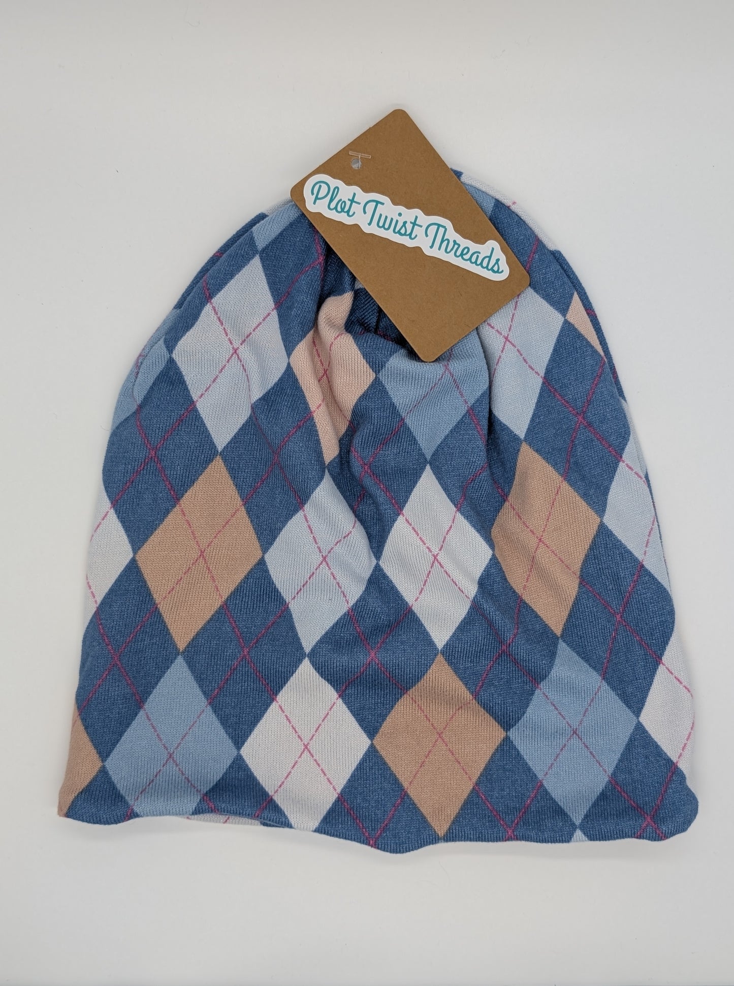Beanie - Slouchy Beanie - Sweater Knit - Blue Argyle