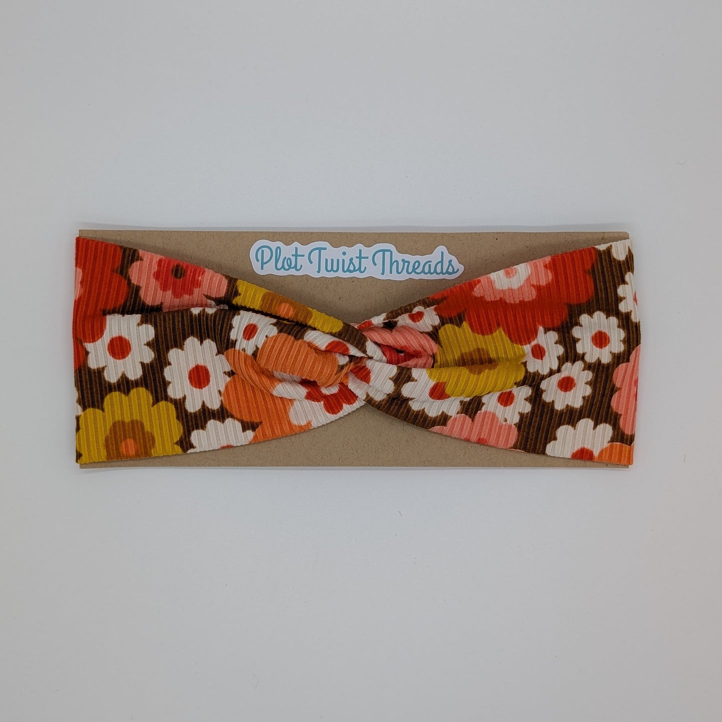 Adult Twist Headband - Rib Knit - Retro Floral Bright