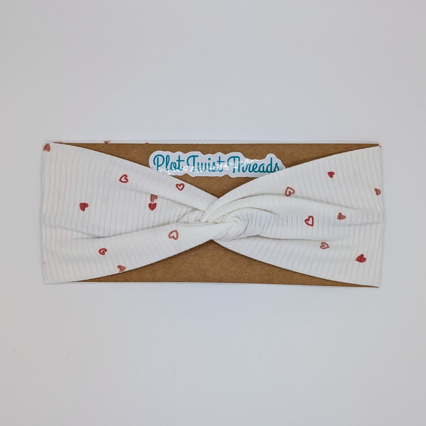 Adult Twist Headband - Rib Knit - White with Tiny Hearts