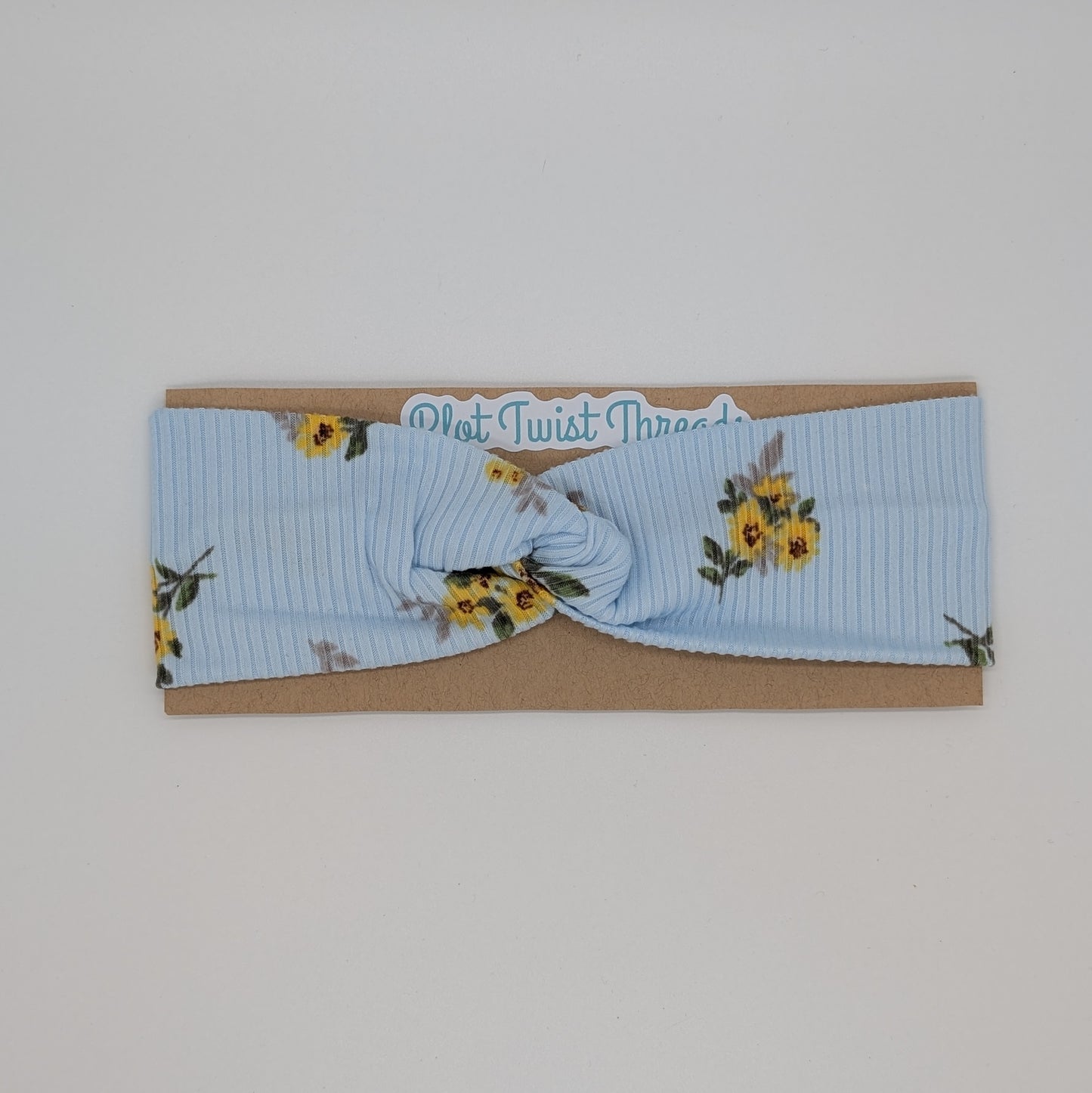 Youth Twist Headband - Rib Knit - Light Blue with Yellow Flowers