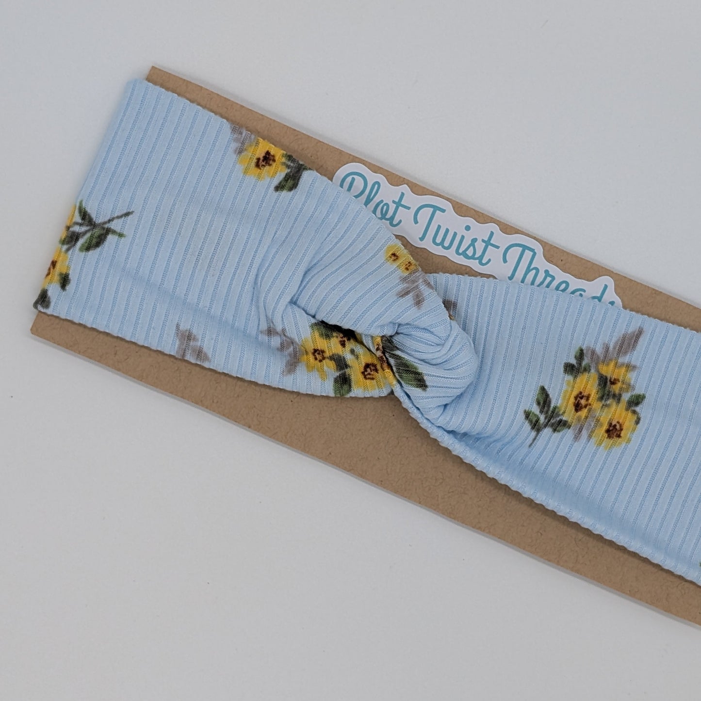Youth Twist Headband - Rib Knit - Light Blue with Yellow Flowers