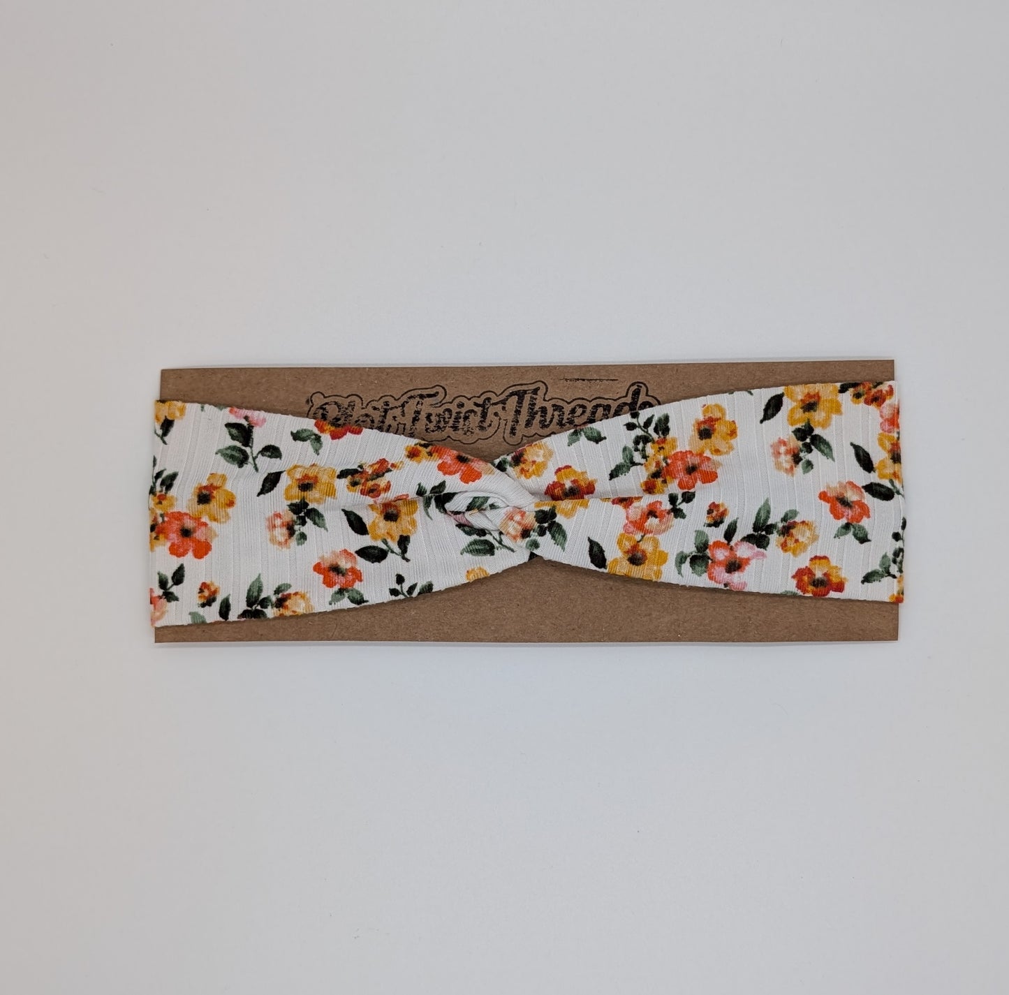 Youth Twist Headband - Rib Knit - White with Orange and Yellow Flowers