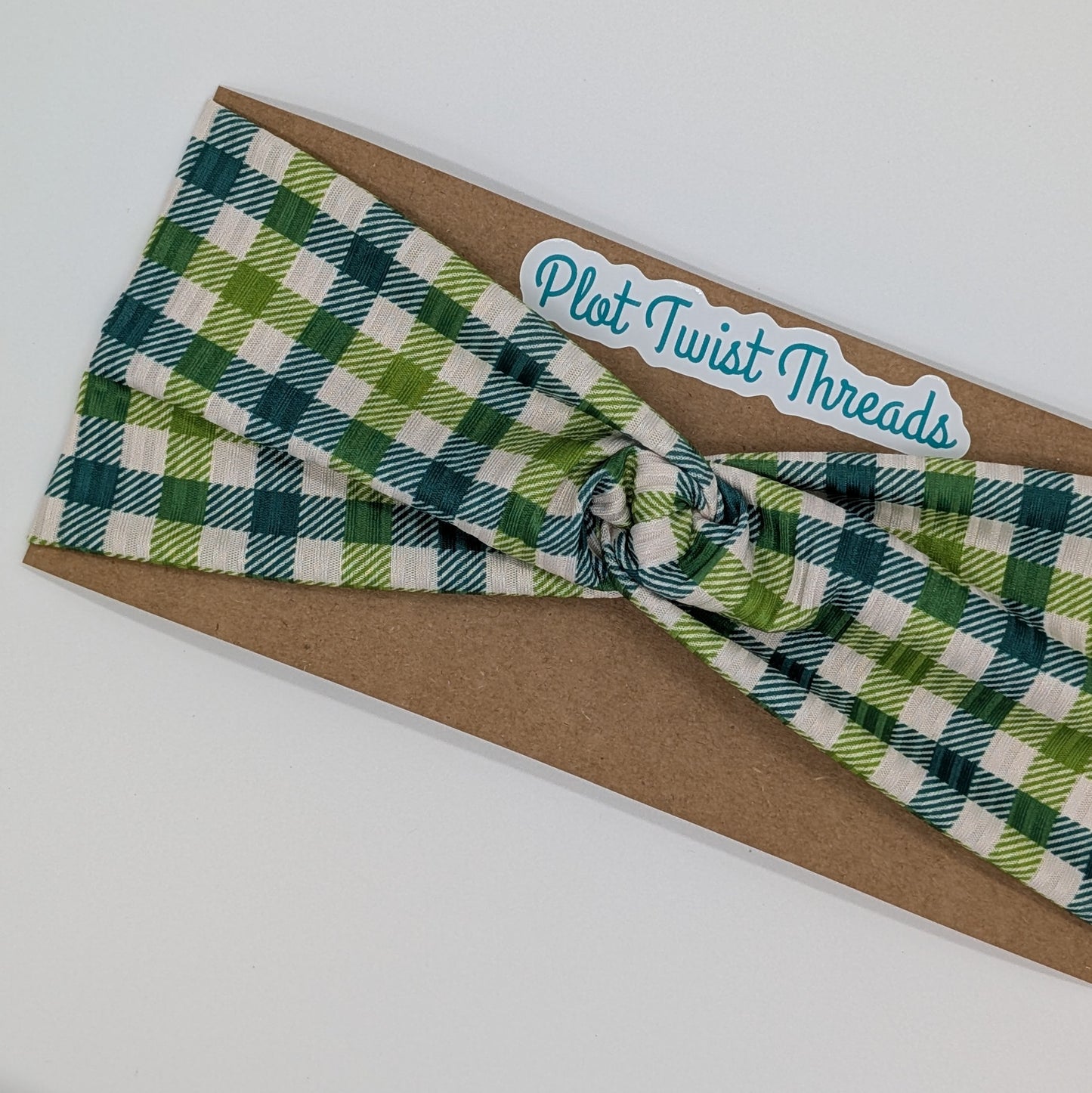 Adult Twist Headband - Rib Knit - Green Plaid