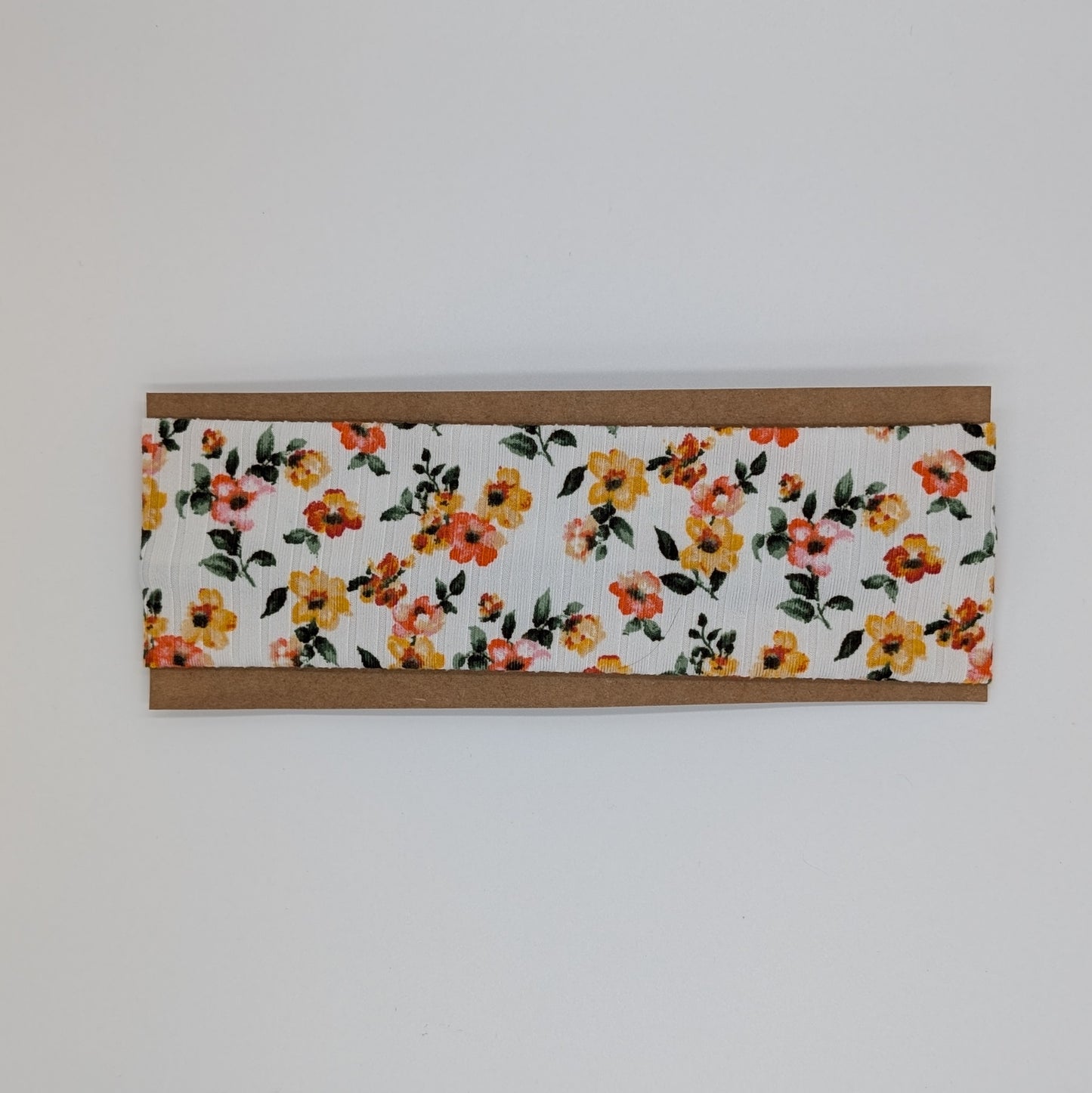Youth Twist Headband - Rib Knit - White with Orange and Yellow Flowers