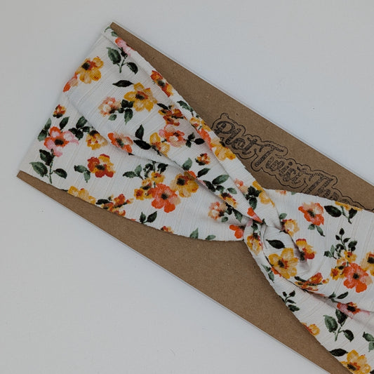 Adult Twist Headband - Rib Knit - White with Orange and Yellow Flowers