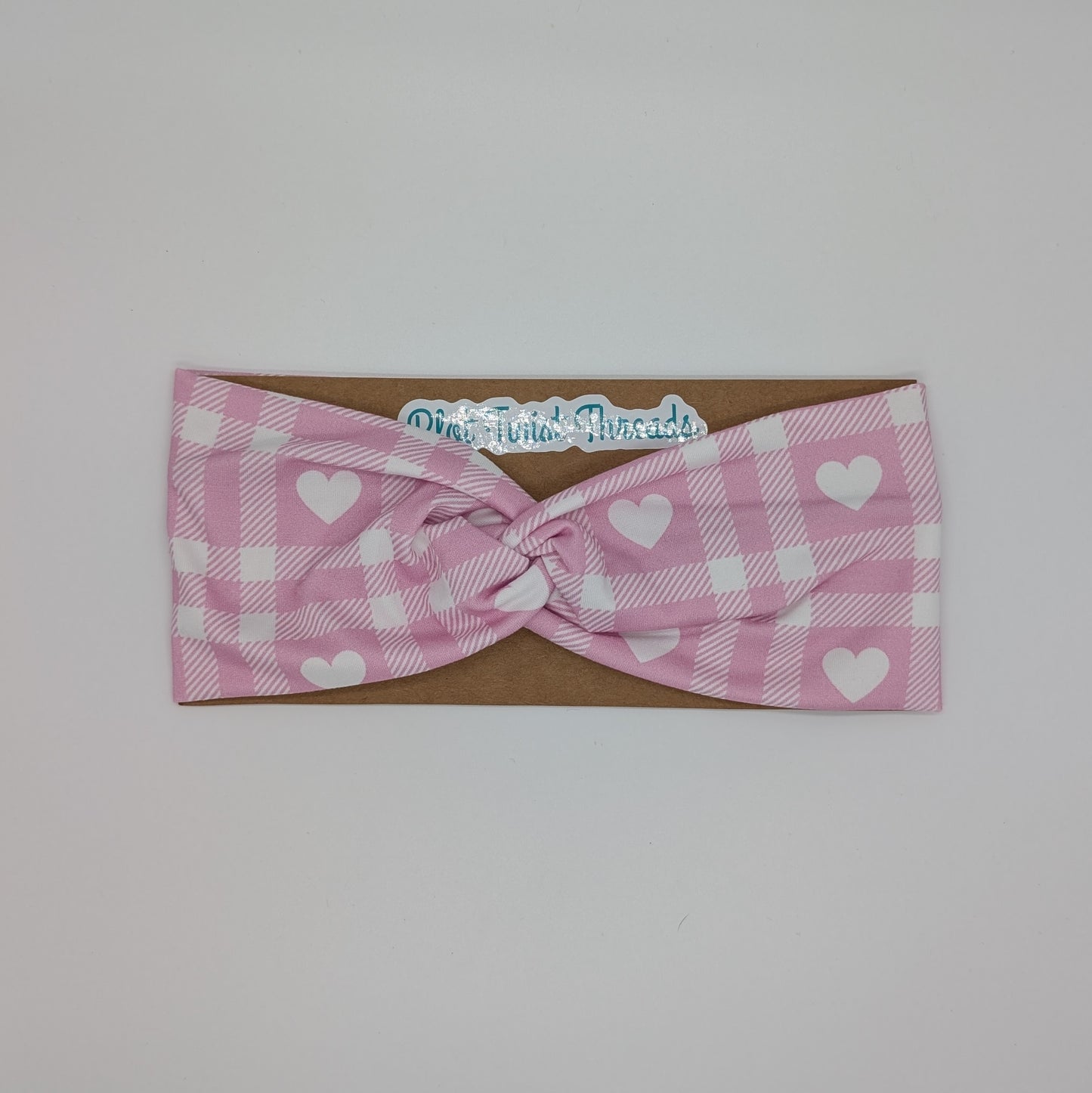 Adult Twist Headband - Pink Gingham with Hearts