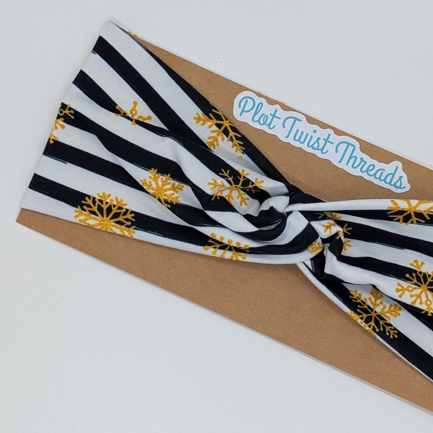 Adult Headband - Gold Snowflakes on Black and White Stripes
