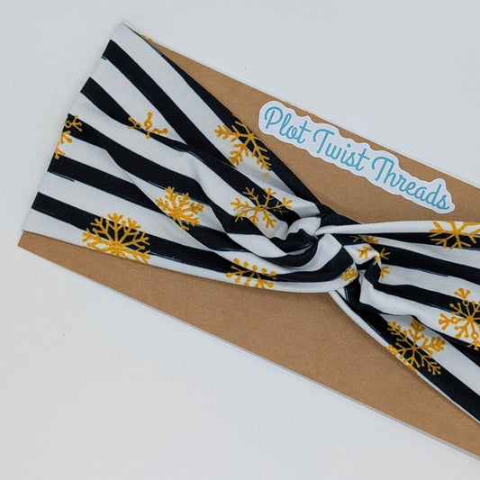 Adult Headband - Gold Snowflakes on Black and White Stripes