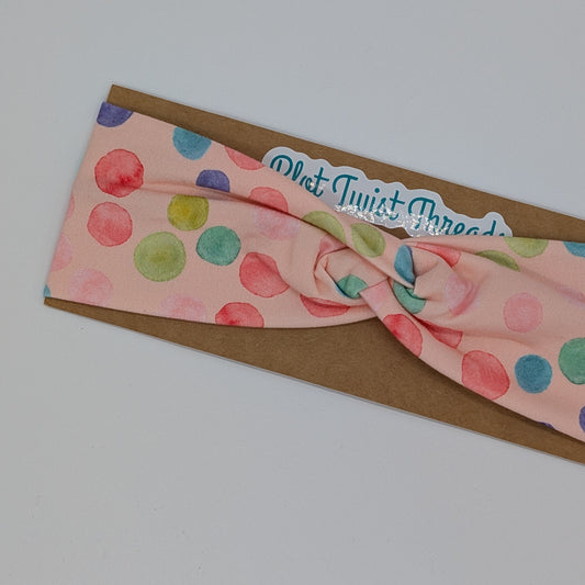 Youth Twist Headband - Pink with Colorful Dots
