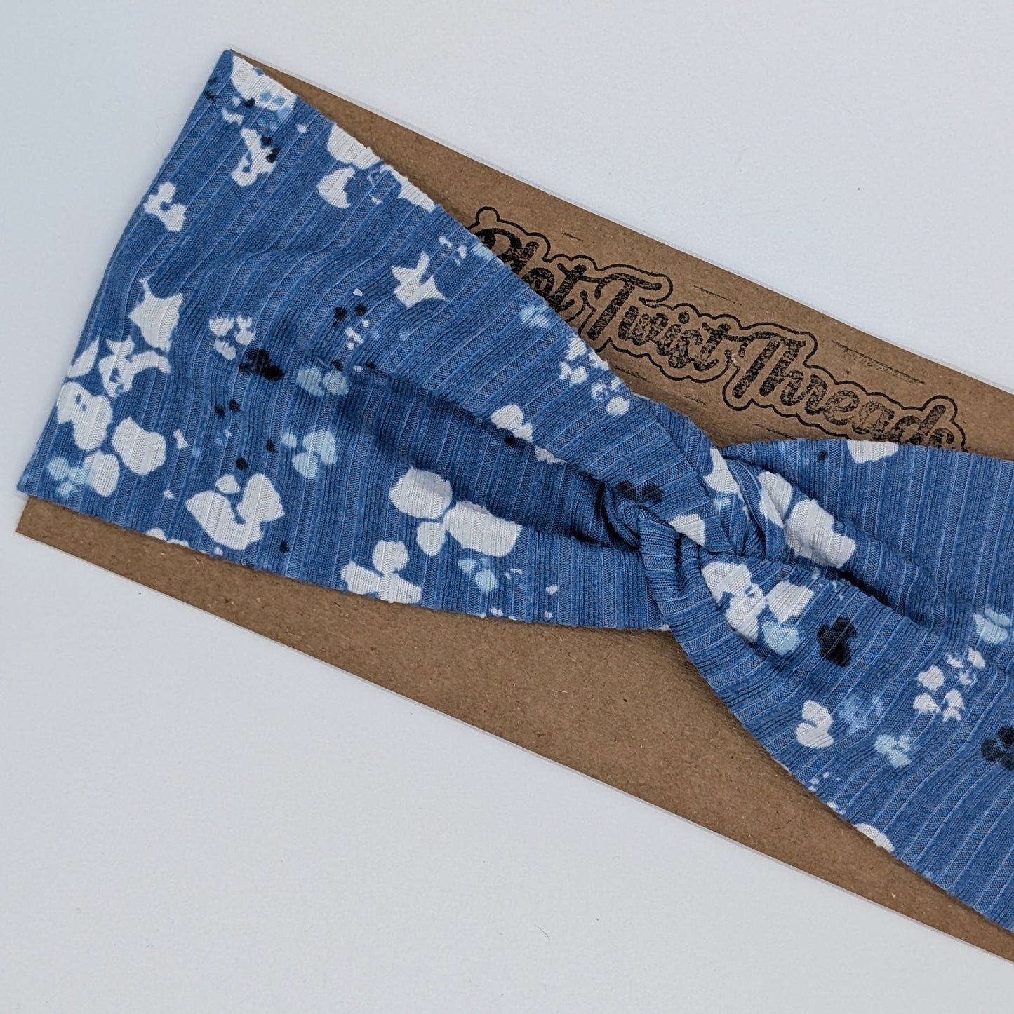 Adult Twist Headband - Rib Knit - Blue with White Flowers