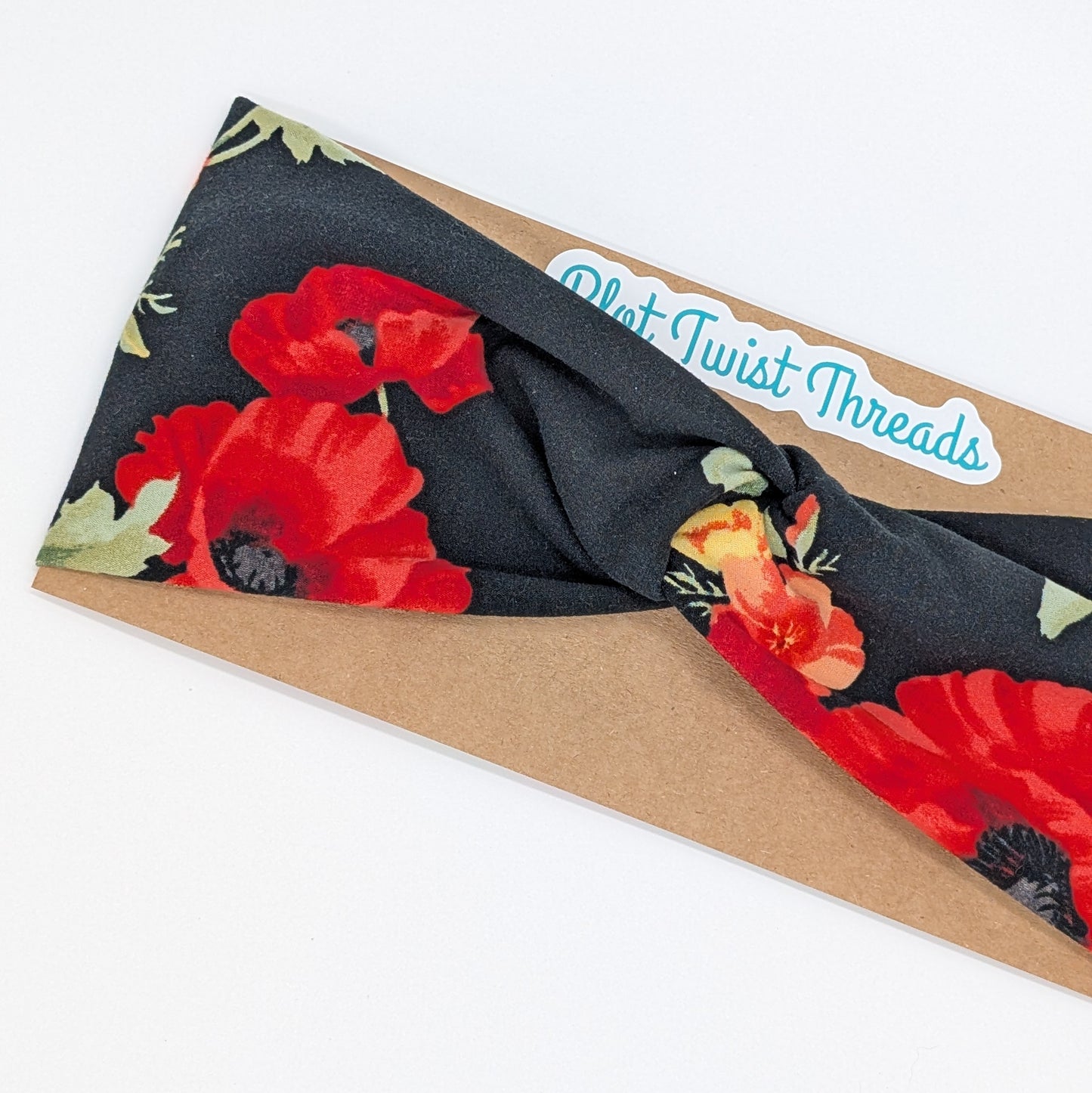 Adult Twist Headband - Red Flowers on Black