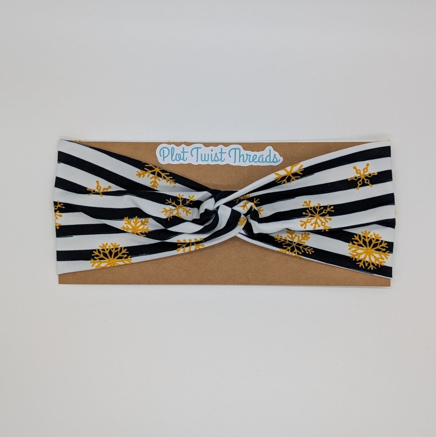 Adult Headband - Gold Snowflakes on Black and White Stripes