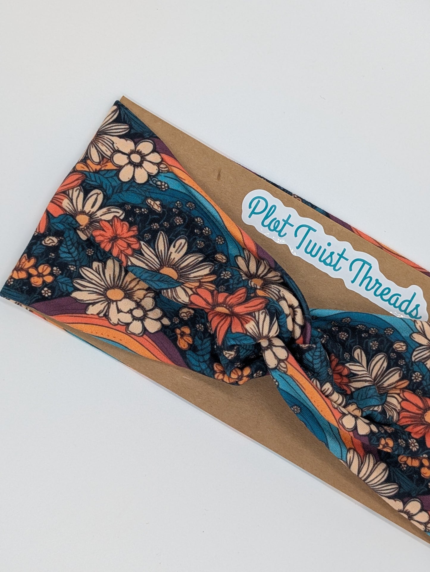 Adult Twist Headband - Teal Floral with Rainbows