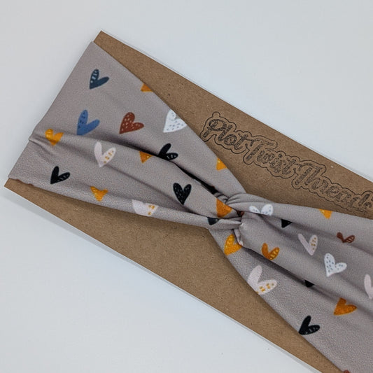 Adult Twist Headband - Gray with Hearts