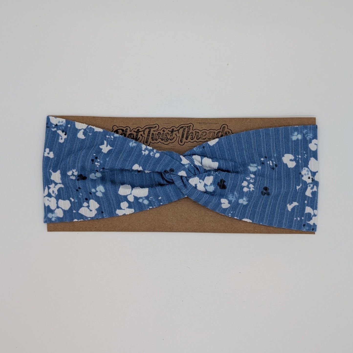 Adult Twist Headband - Rib Knit - Blue with White Flowers