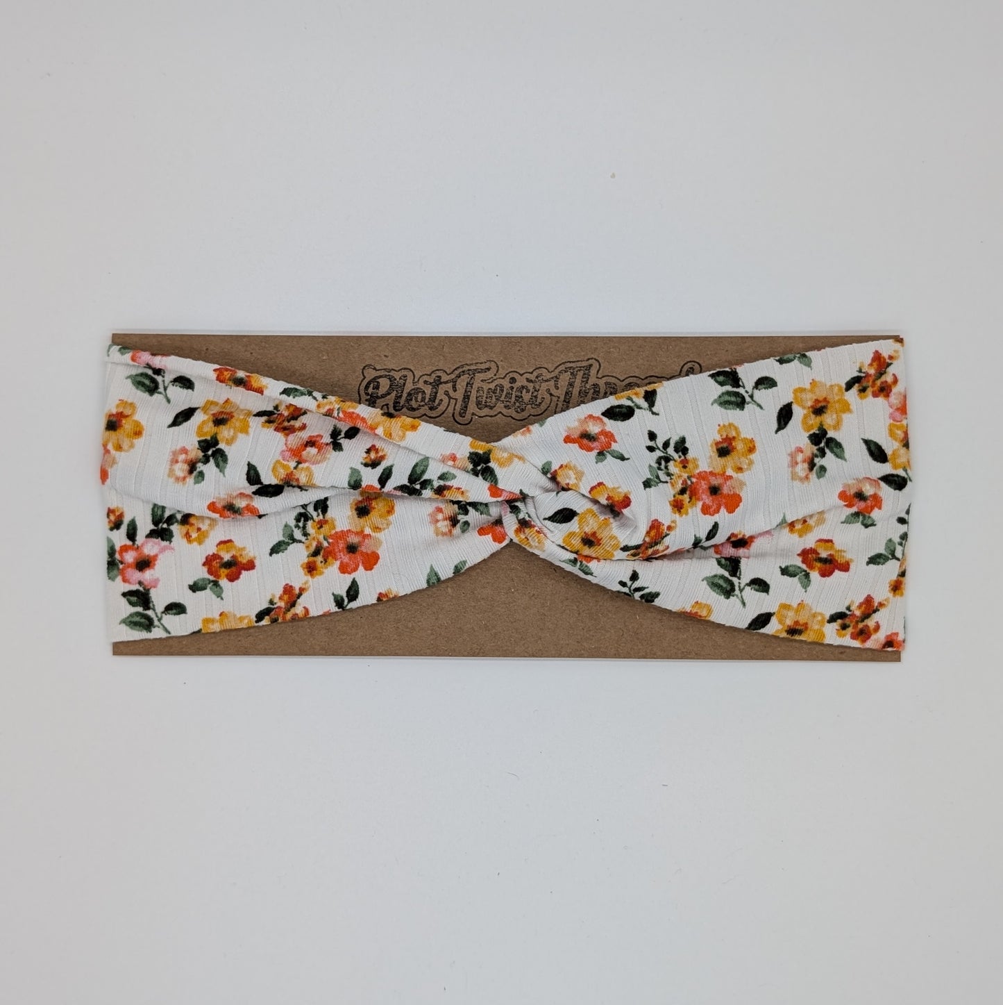 Adult Twist Headband - Rib Knit - White with Orange and Yellow Flowers