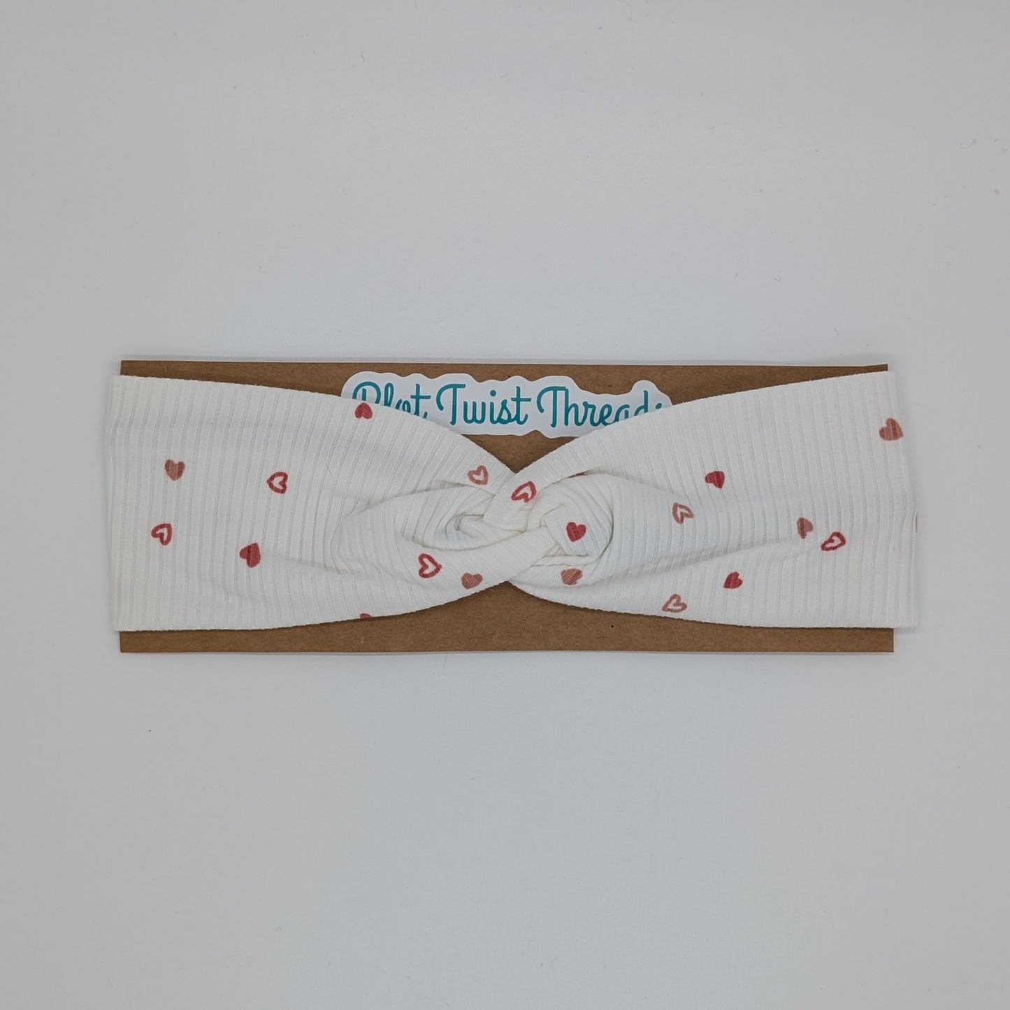 Youth Twist Headband - Rib Knit - White with Tiny Hearts