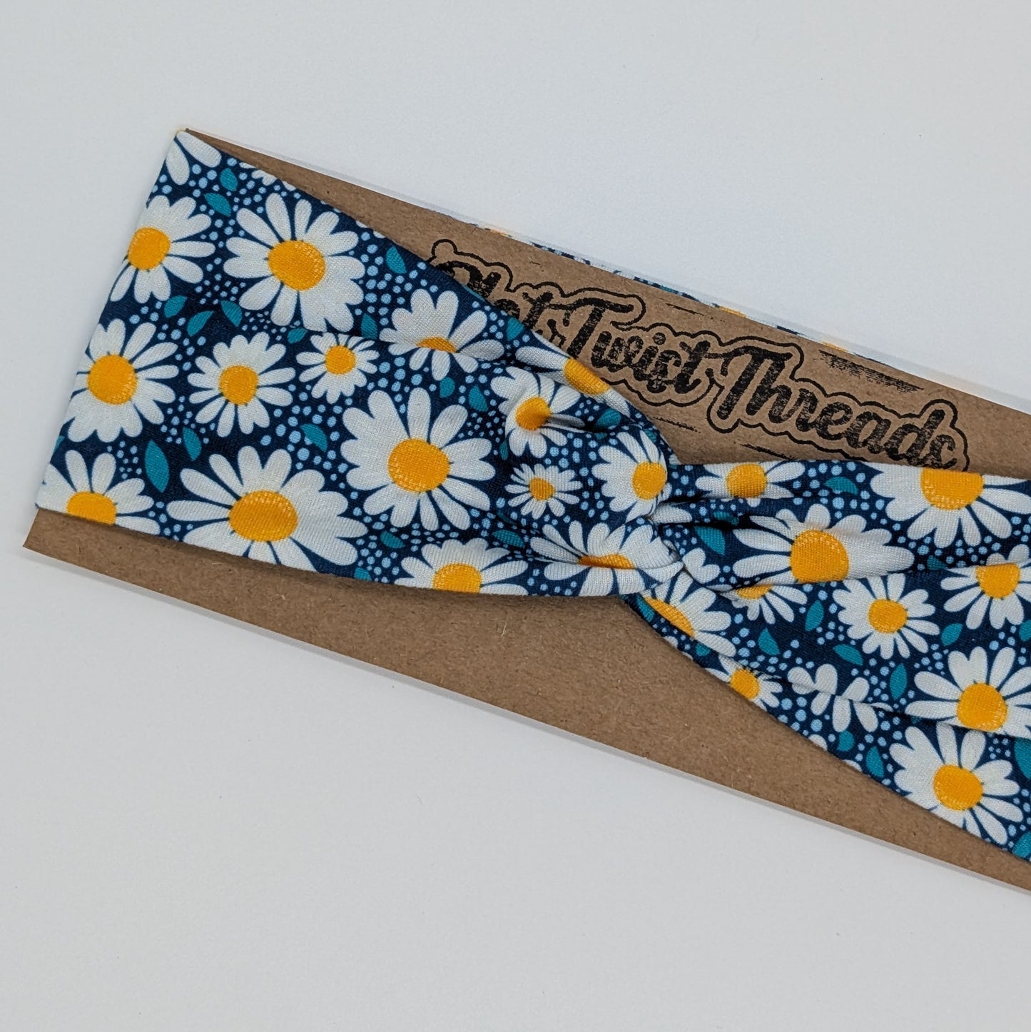 Adult Twist Headband - Blue with White Daisies