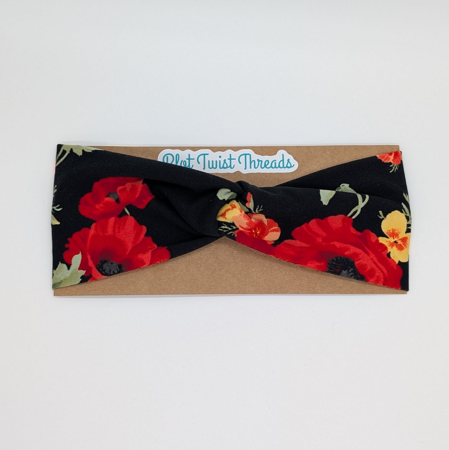 Adult Twist Headband - Red Flowers on Black