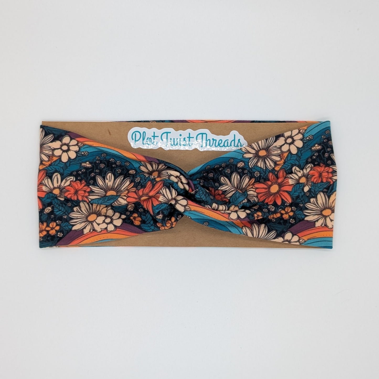 Adult Twist Headband - Teal Floral with Rainbows