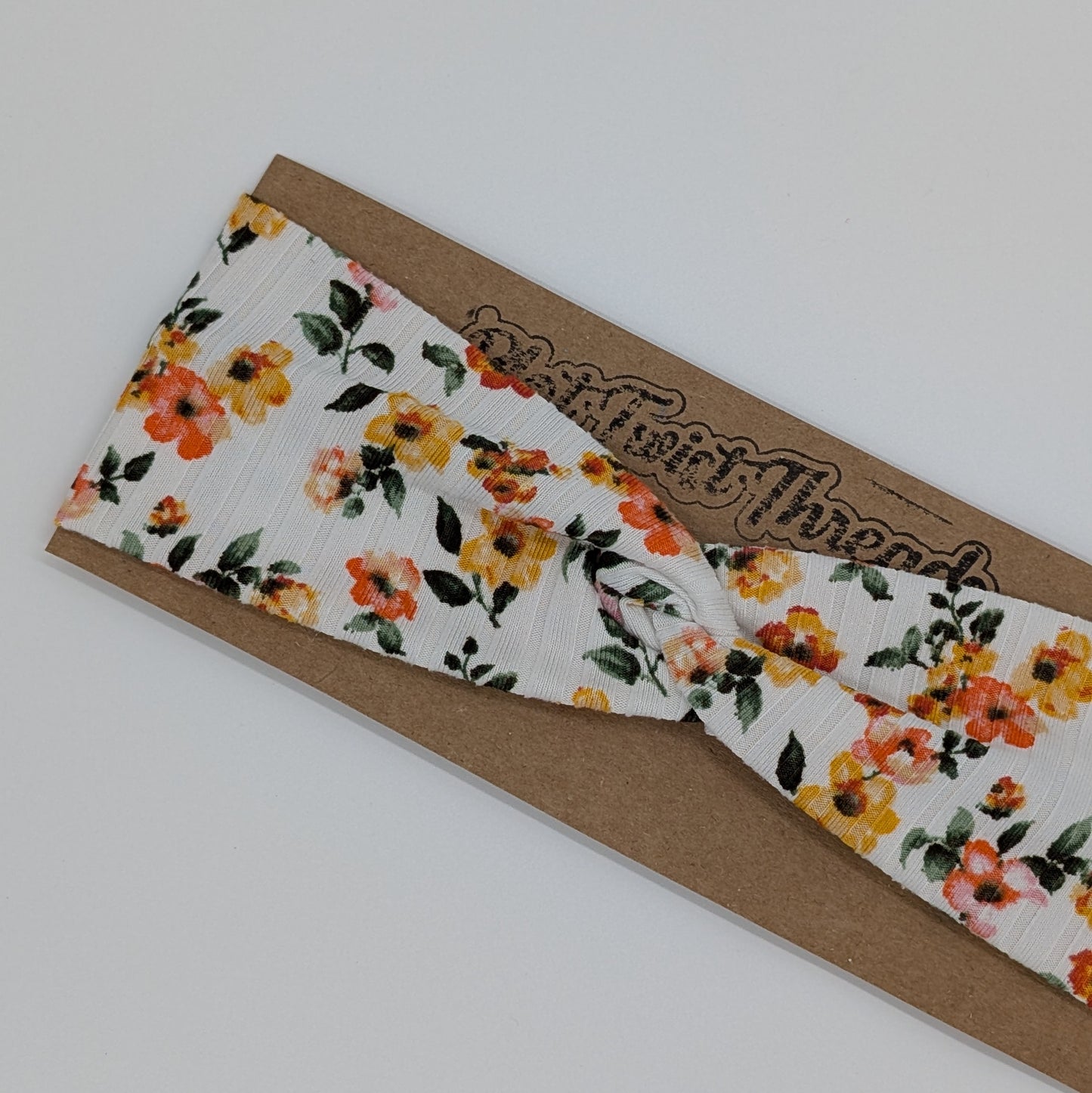 Youth Twist Headband - Rib Knit - White with Orange and Yellow Flowers