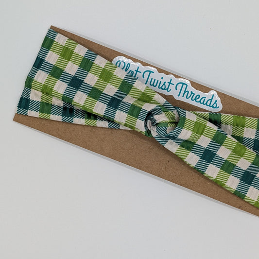 Youth Twist Headband - Rib Knit - Green Plaid