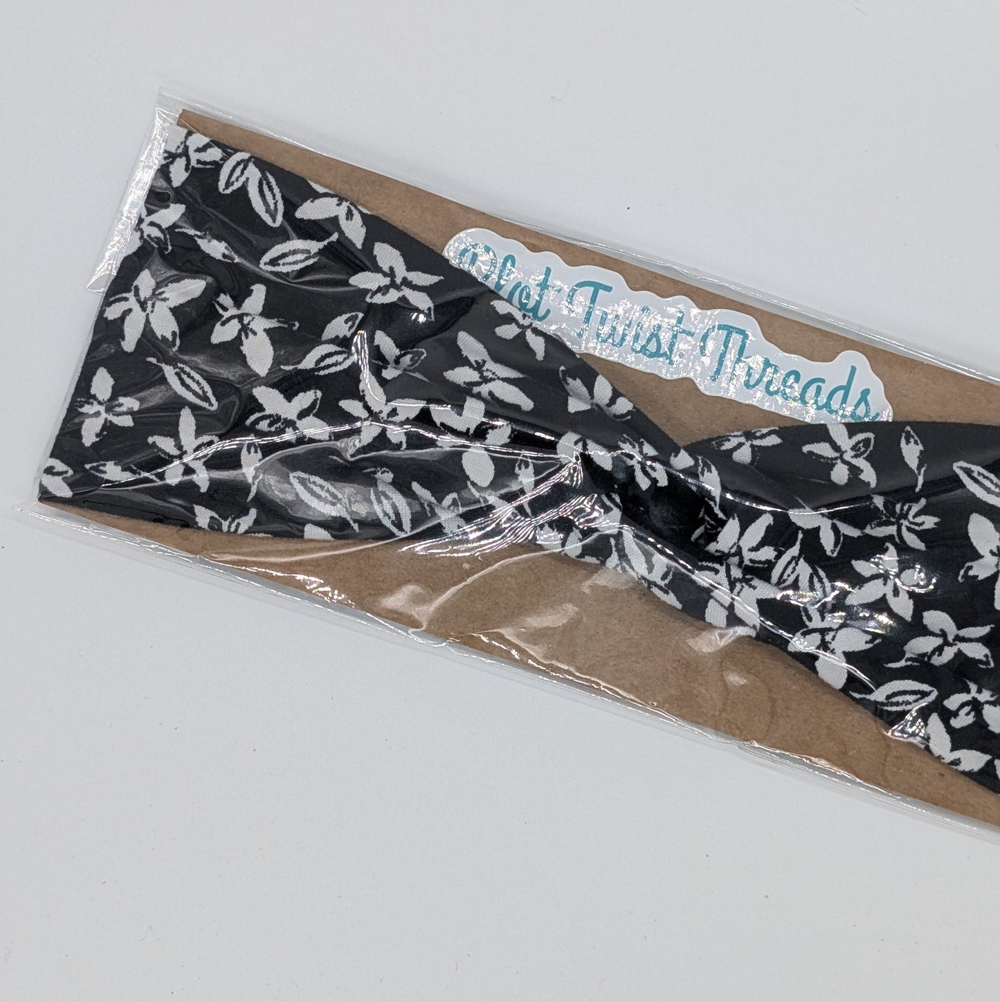 Youth Twist Headband - Black with White Flowers